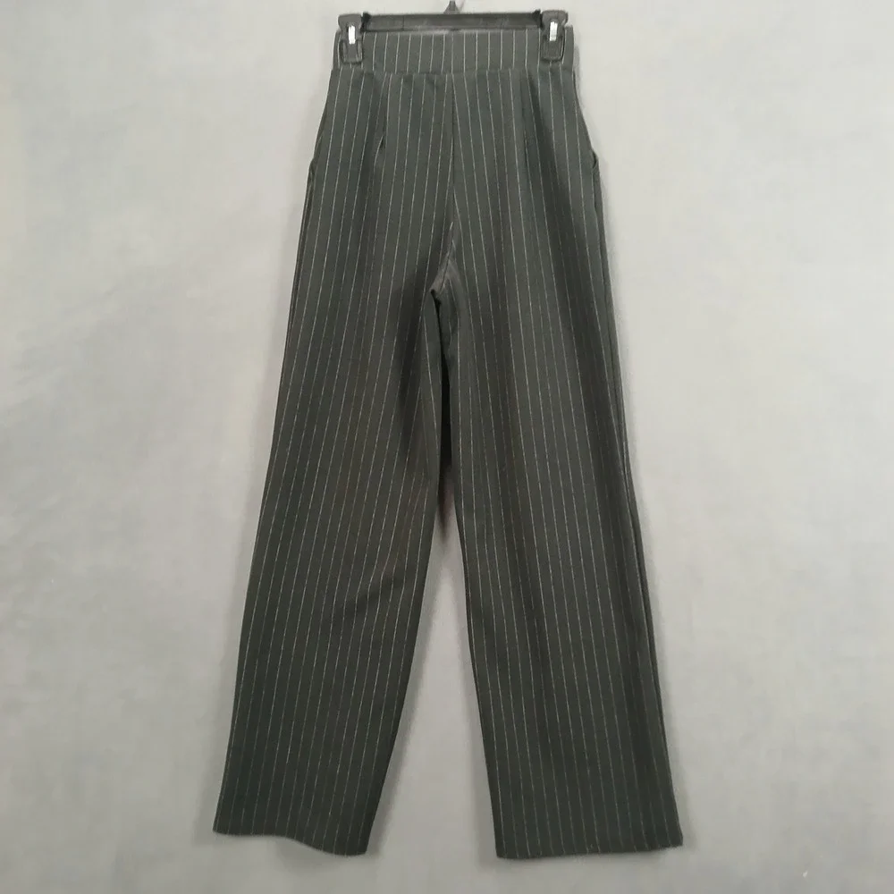H&M Smocked Pants Womens XS Black Striped Stretch‎ Pleated Relaxed Fit Wide Leg